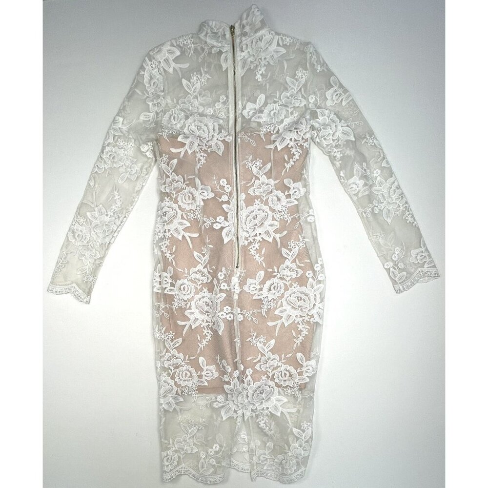 MY BANDAGE DRESS Womens MEDIUM White Lace Nude Lined Kali DRESS Prom Wedding EUC - Picture 4 of 10